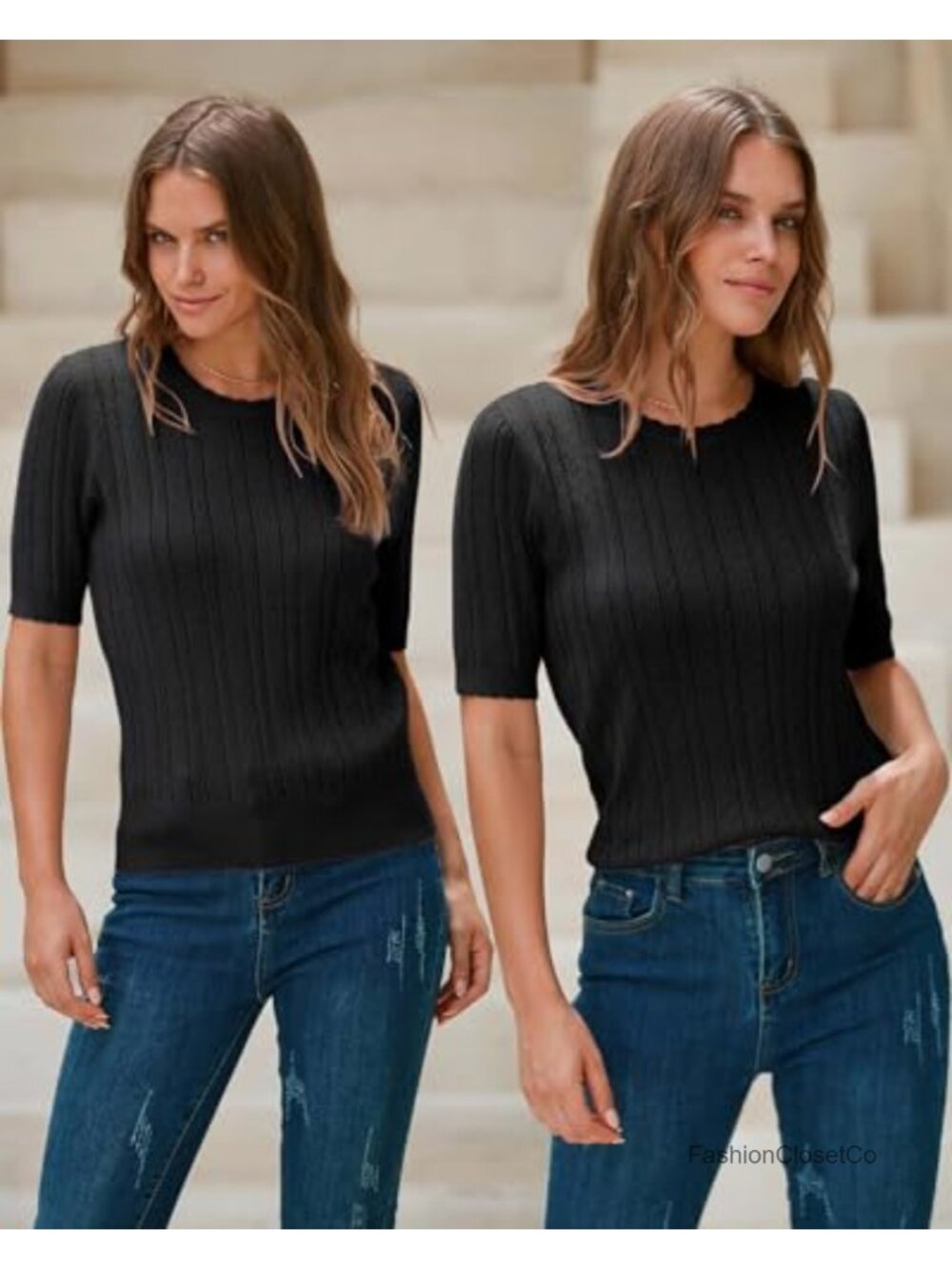 Women's Scalloped Short Sleeve Knit Sweater Pullover Crew Neck Textured - Picture 3 of 6